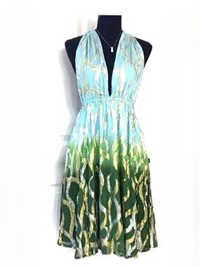 INDIA BOUTIQUE ~ Blue & Green Halter Dress w/Gold and Silver Accent Thread